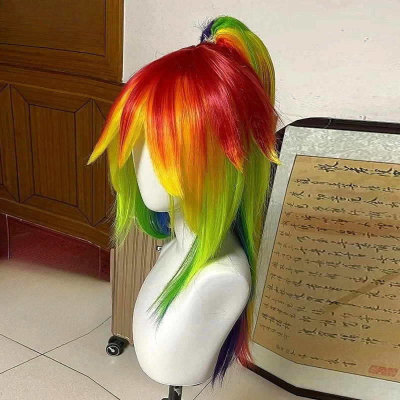 Rainbow Dash Pony Friends Cosplay Wig Anime Coser Single Ponytail Synthetic Wig Cute Girl Heat Resistant Fiber Wig Halloween Use 5