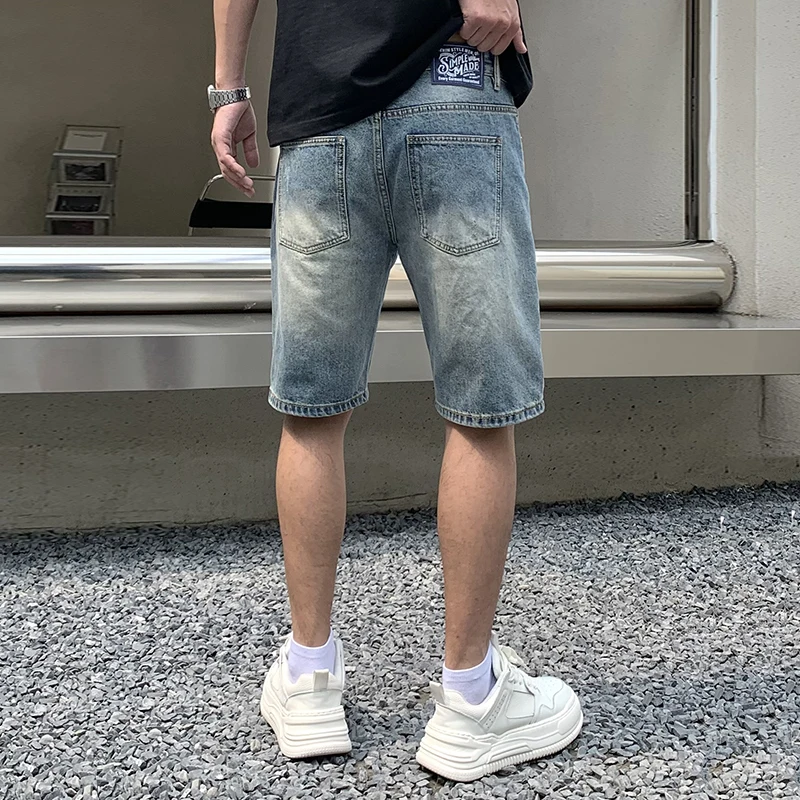 Summer Casual Embroidered Hole Patch Trendy Denim Shorts For Men'S Fashionable Straight Fit Loose And Versatile Washed Cropped