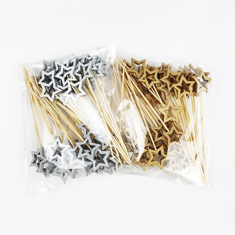 Description Picture 3 of item50/100Pcs Disposable Bamboo Skewers Food Picks Star Shape Buffet Cupcake Fruit Forks Party Dessert Salad Sticks Toothpick Skewer