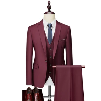 Men Slim Business Casual Suits Dress Three-piece Set Jacket Pants Vest / Male Wedding Groom Blazer Coat Trousers Waistcoat 7
