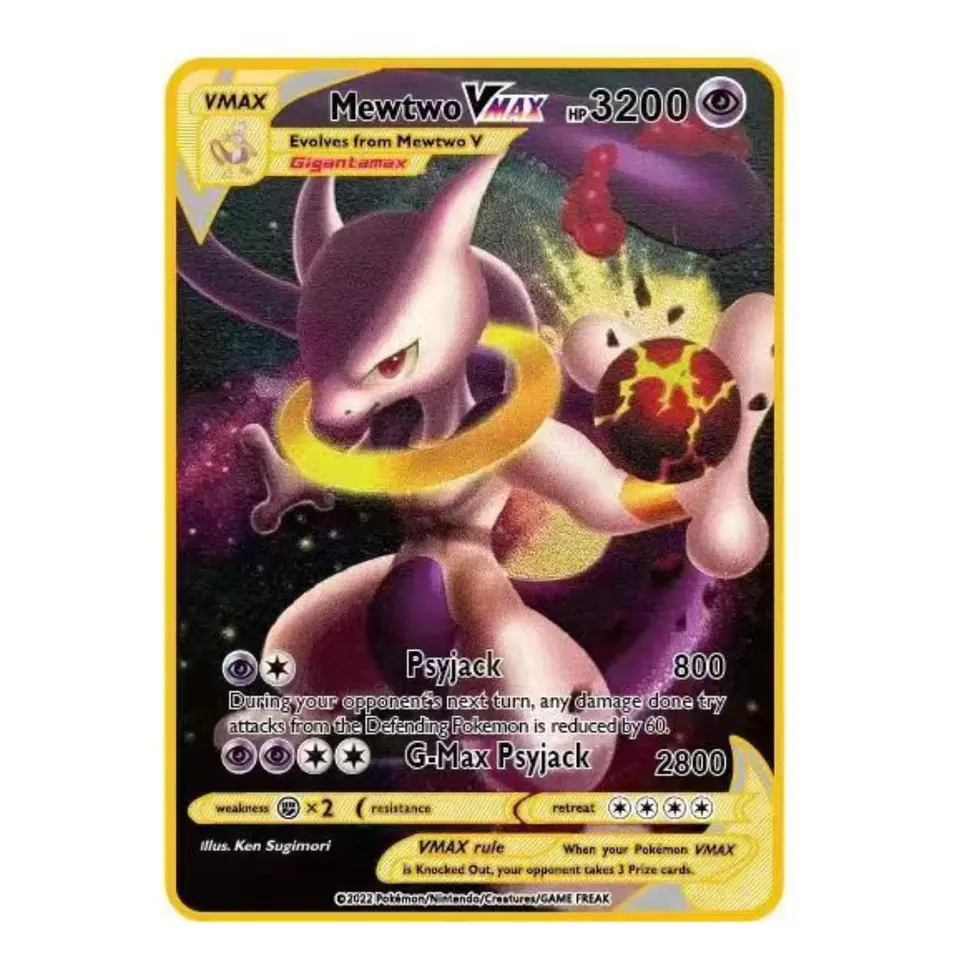 Pokemon metal gold card, 48 style, Mewtwo Ex GX Picchu gold