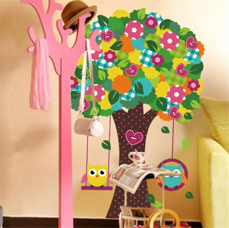 

Lovely Owlets Swinging Tree Wall Sticker For Kindergarten Kids Room Home Decoration Nursery Cartoon Animal Mural Art Diy Decal