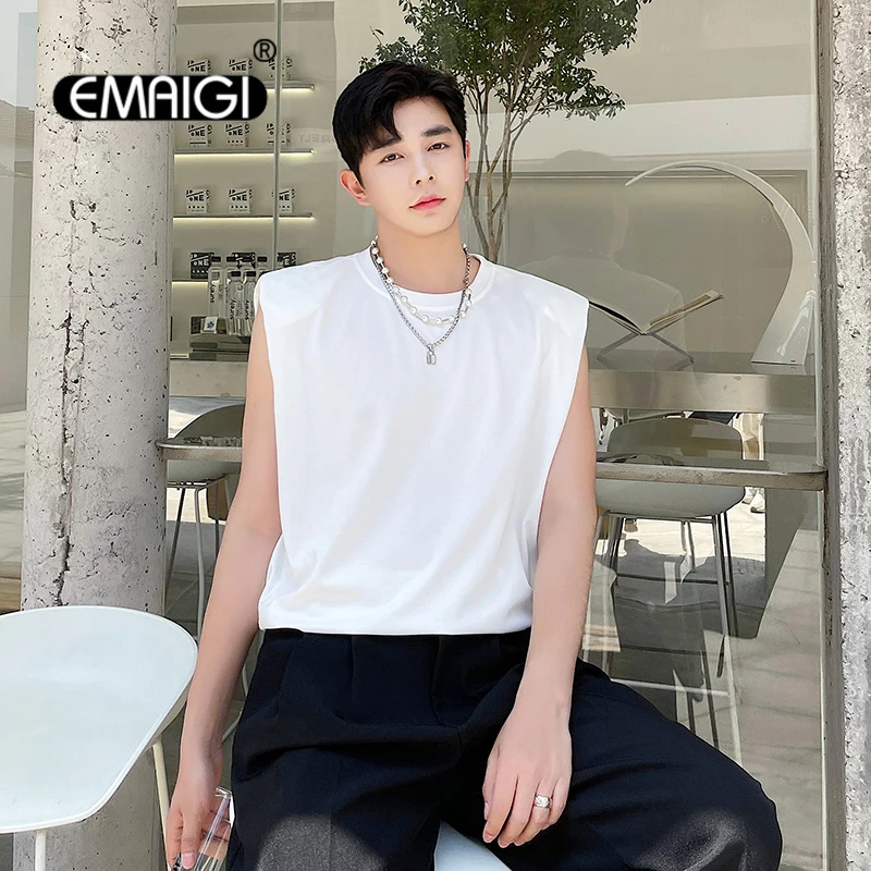 

Net Celebrity Streetwear Men's Wide Shoulder Pads Loose Casual Sleeveless T-shirts Tank Tops Tees Man Fashion Hip Hop Vest Male