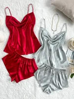 Summer Women's Sexy Solid Satin Pajama Set Top and Shorts soft and comfortable Four piece set - Image 4
