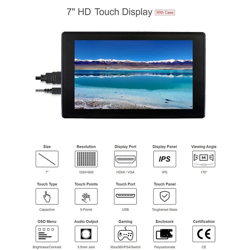 ABGZ-Waveshare 7 ġ HDMI-ȣȯ LCD ̽,   4B/3B +   ġ ũ 1024x600 IPS ÷ ȭ Mon