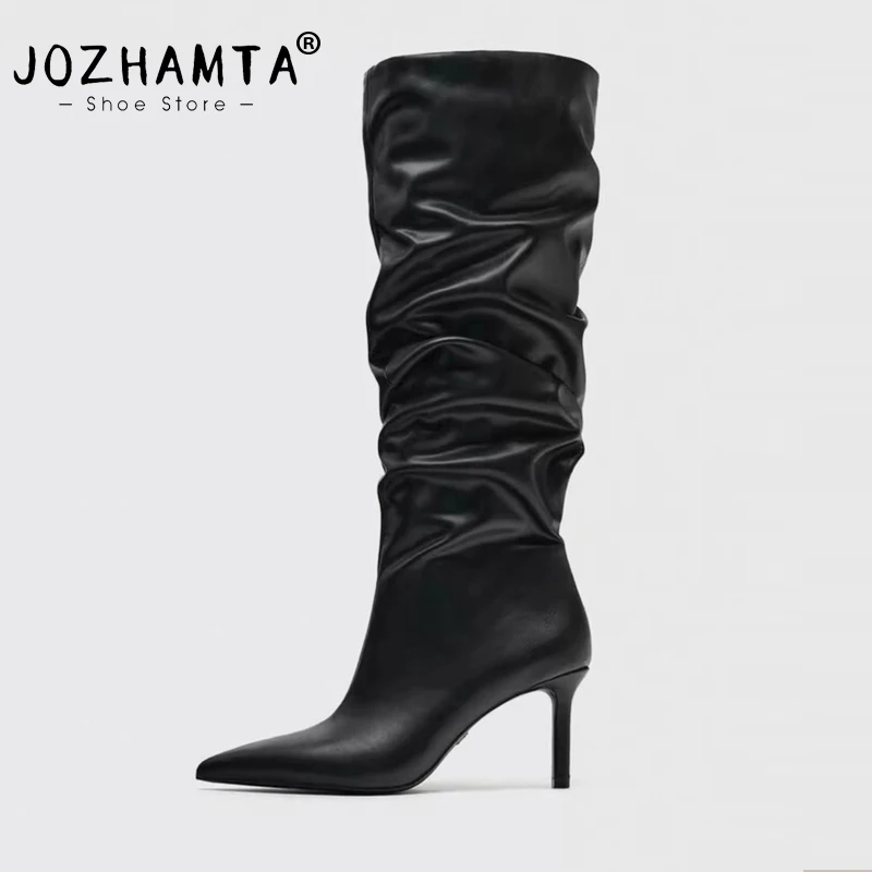 

JOZHAMTA Size 34-43 Microfiber Knee High Boots Female Pointed Toe Slip On Thin High Heels Pumps Party Shoes Woman Long Boot