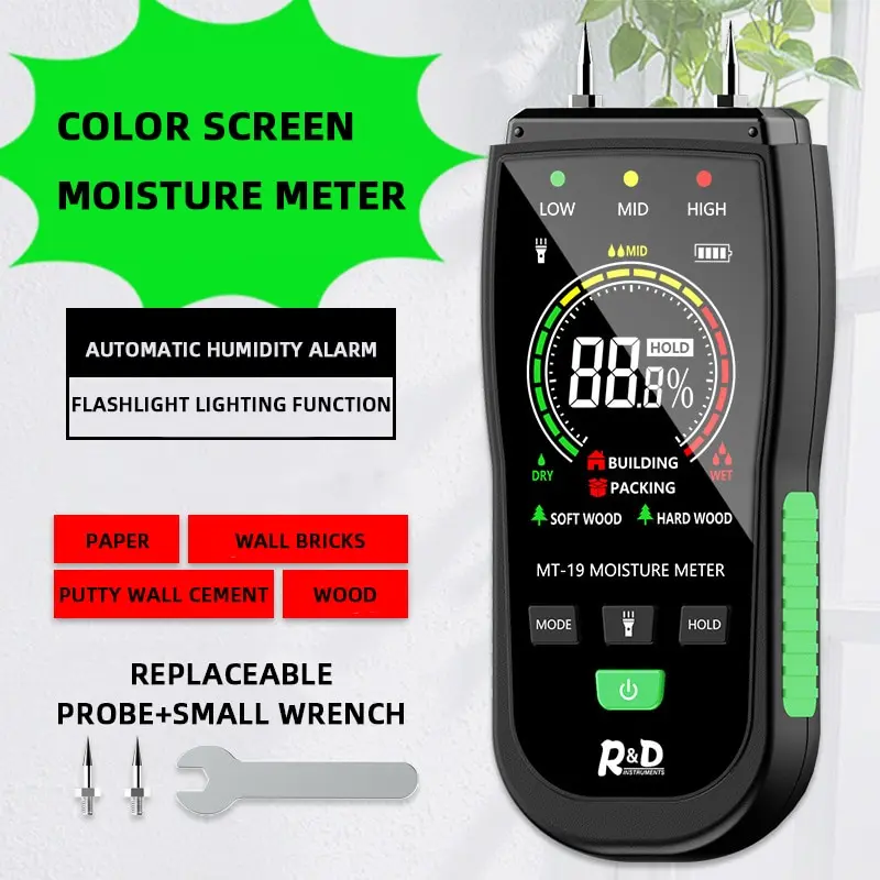 MT19 1pc à écran couleur analyseur d'humidité mur testeur d'humidité du bois hygromètre carton ciment humidimètre