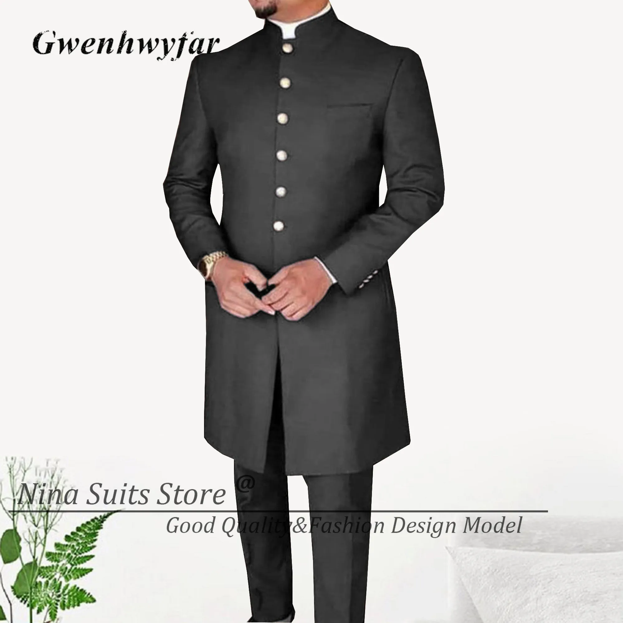 G&N New Men Suits African Long Jacket Grey Elegant Gold Buttons Groomsmen Party Man Formal Costume 2 Pieces Male Tuxedos