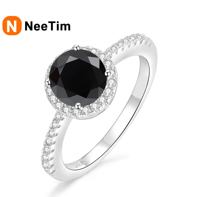 NeeTim 여성용 블랙 모이사나이트 다이아몬드 반지, S925 스털링 실버, 18K 금도금 밴드, 웨딩 파티 쥬얼리, 2ct, 8mm