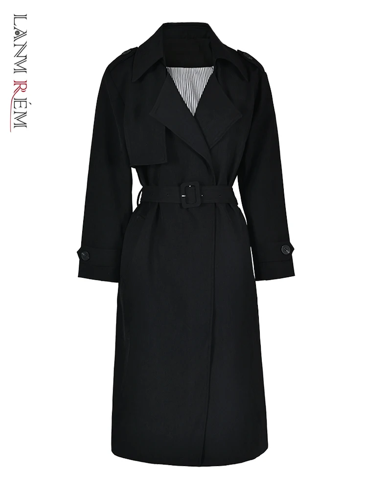 

LANMREM Striped Lining Trench Coat For Women Lapel Belt Windbreaker Solid Color Female Fashion Clothes 2023 Autumn New 2DA1838