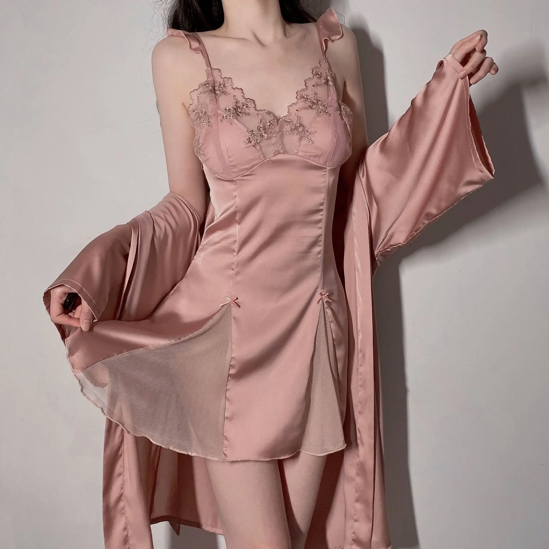 

Kimono Robe Nightgown Women Sleep Set 2Pcs Sexy V Neck Lace Edge Nightwear Sleepdress Home Clothing Bow Solid Color Homedress