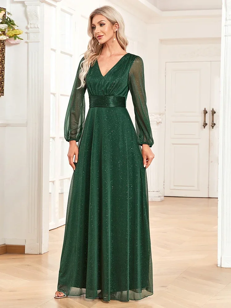 Women's Elegant New V Neck Shiny Chiffon Evening Gown A Line Long Sleeve Wedding Bridesmaid Dress Party Dresses Women Evening 3