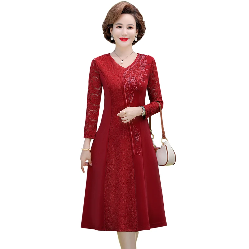 

Women's Mid-length V Neck Embroidery Dress, Mom Dresses, Middle-Aged, Spring and Autumn