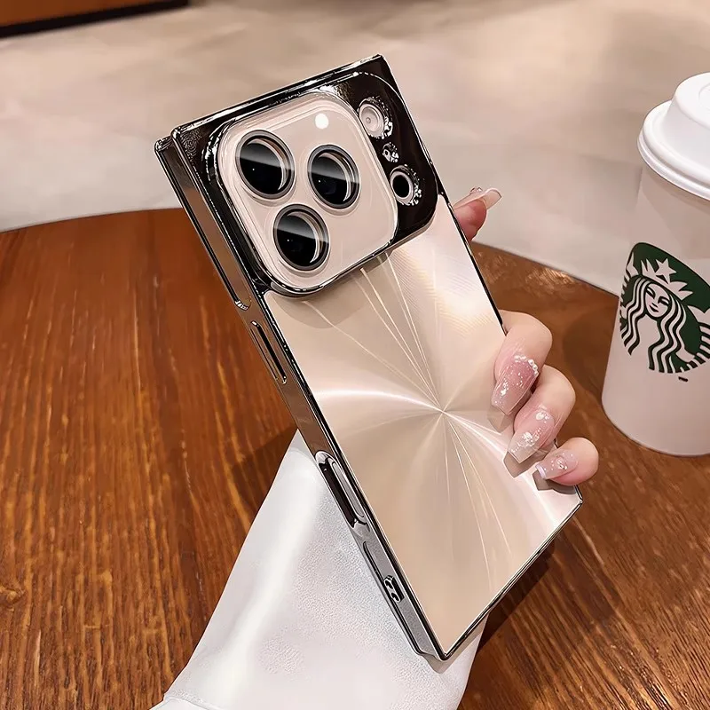 Luxury Plating CD Texture Square Armor Phone Case with Crystal Lens Glass and Shockproof Cover