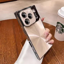 Luxury Plating CD Texture Square Armor Phone Case with Crystal Lens Glass and Shockproof Cover - iPhone 15 (Desert Gold)