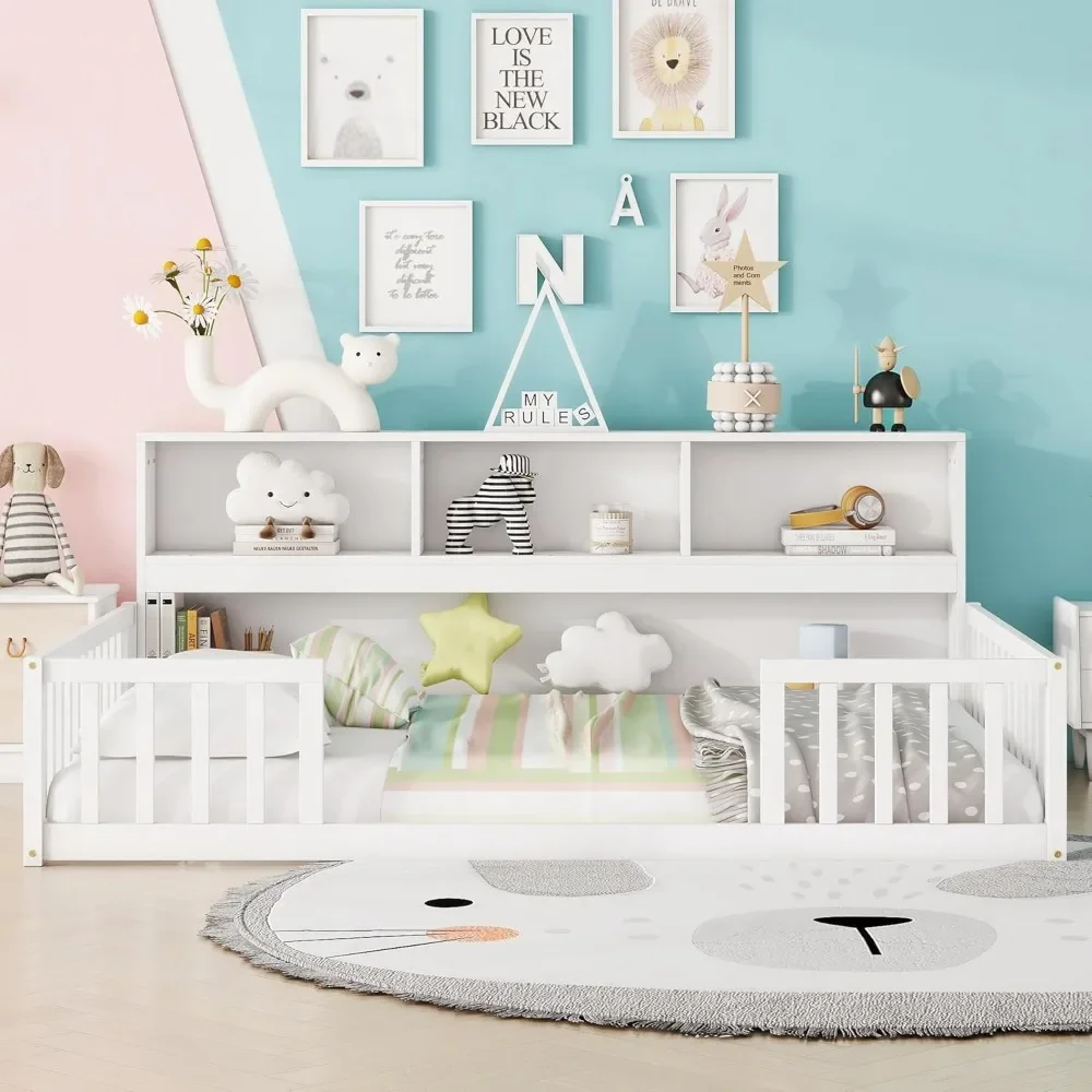 Kids Montessori Floor Bed, Full Size Floor Bed with Bookcase and Shelves, Full Bed Frame with Guardrails for Kids, Girls, Boys 3