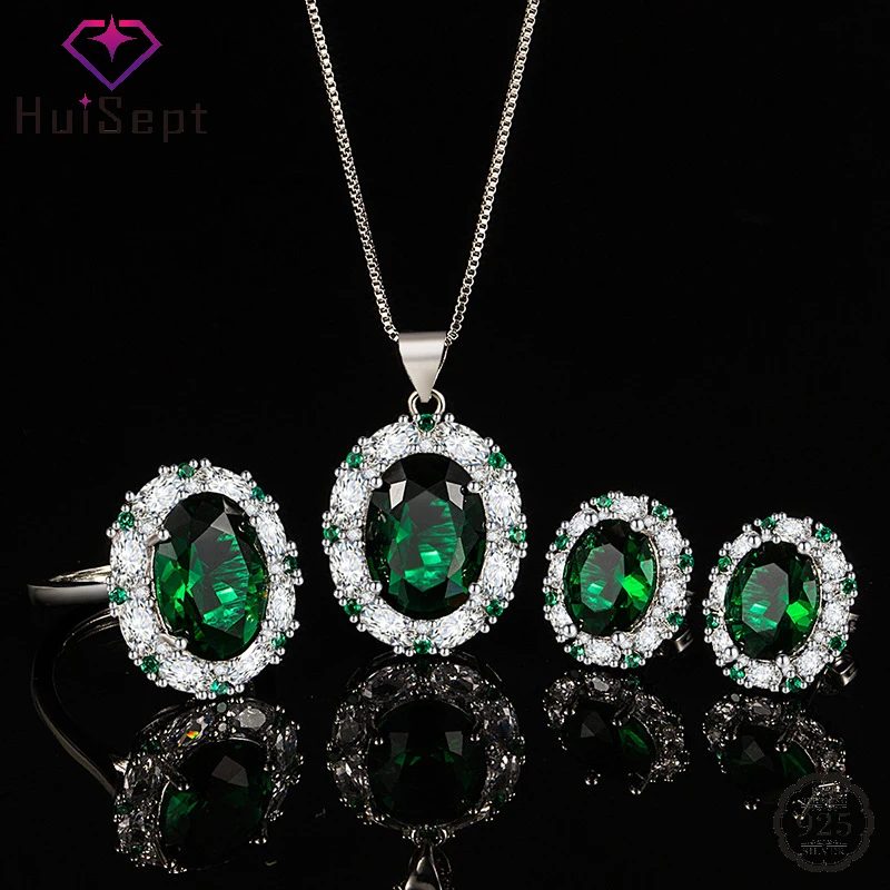 

HuiSept Silver 925 Jewelry Set Ring Earrings Necklace with Zircon Gemstone Accessories for Women Wedding Engagement Party Gift