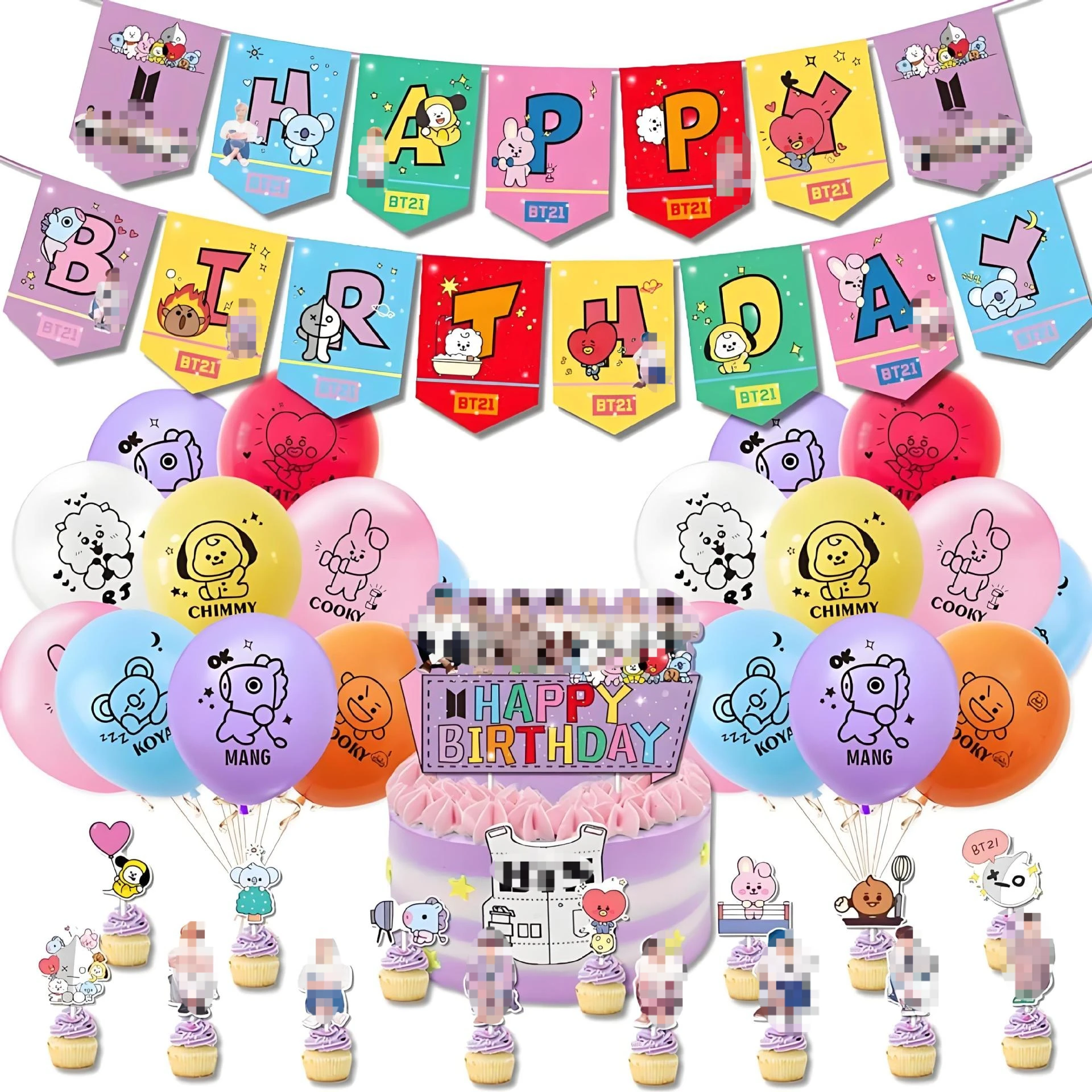 BT21 Partydekorationen, Geburtstags-Flaggenhebe- und Ballondekorationsset, Geburtstags- und Feiertagszubehör