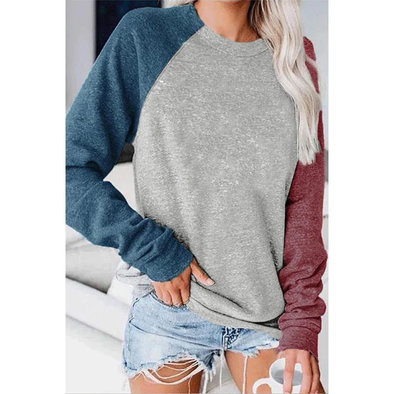 Simplicity Round Neck Contrasting Colors Patchwork Long Sleeve T-Shirts Spring Autumn Women's Clothing Loose Pullover Sweats Top