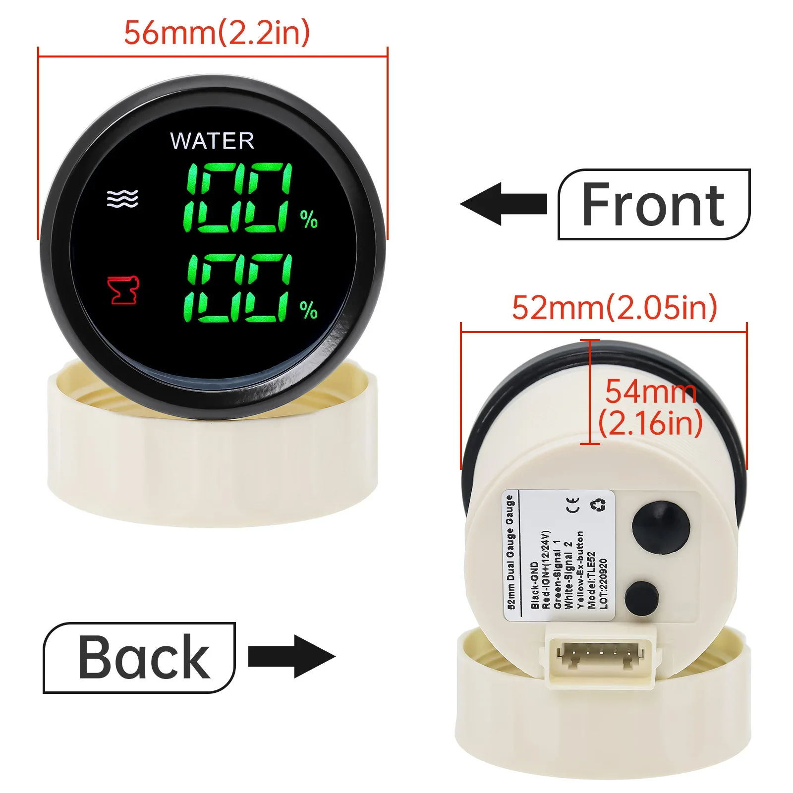 다기능 2 IN 1 수위 게이지+하수 수위 게이지 녹색 LED 디지털 52mm 듀얼 게이지 0-190옴 RV 자동차 보트 요트 9-32V