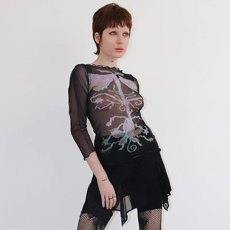Abstract Print Graphic T Shirts For Women Clothes Y2k Accessories Mesh See Through Ropa De Mujer Bodycon Crop Top Quarter Sleeve