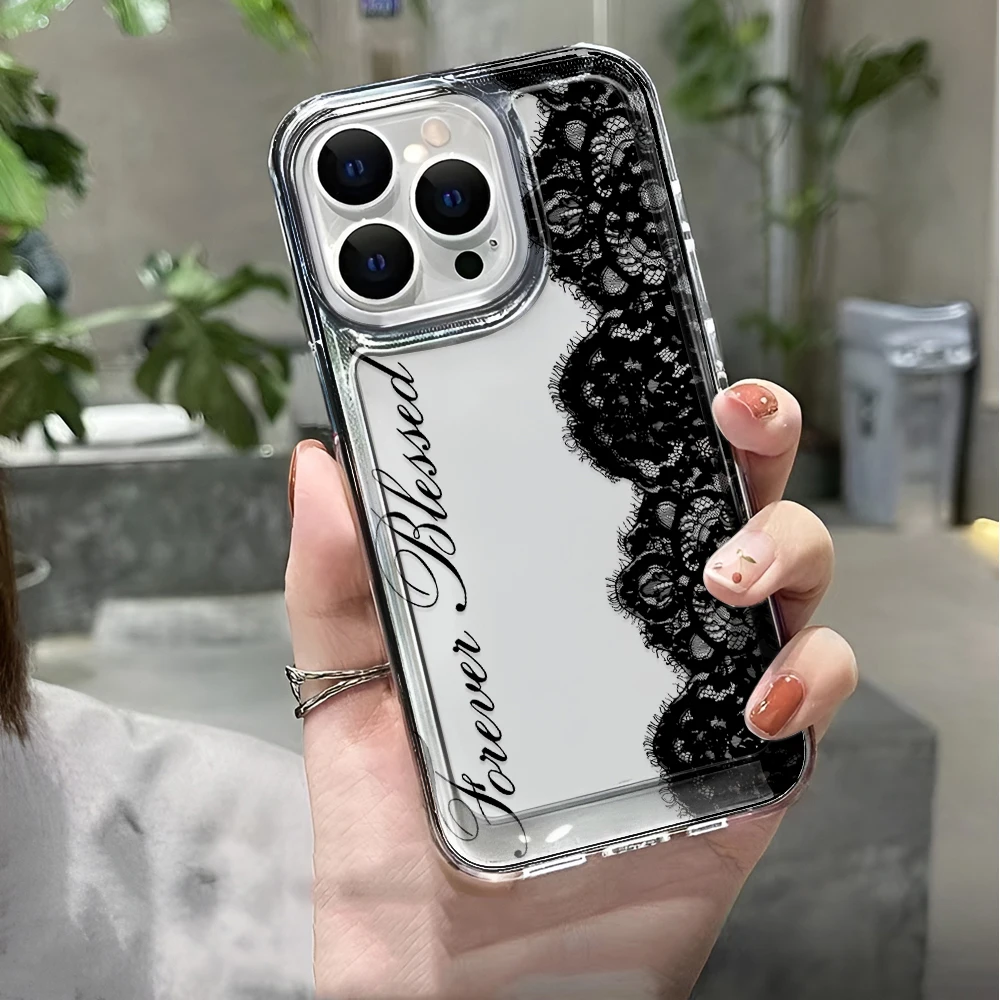 รูปสินค้า เคส iPhone ลายลูกไม้สีดำ โปร่งใส ป้องกันแรงกระแทก