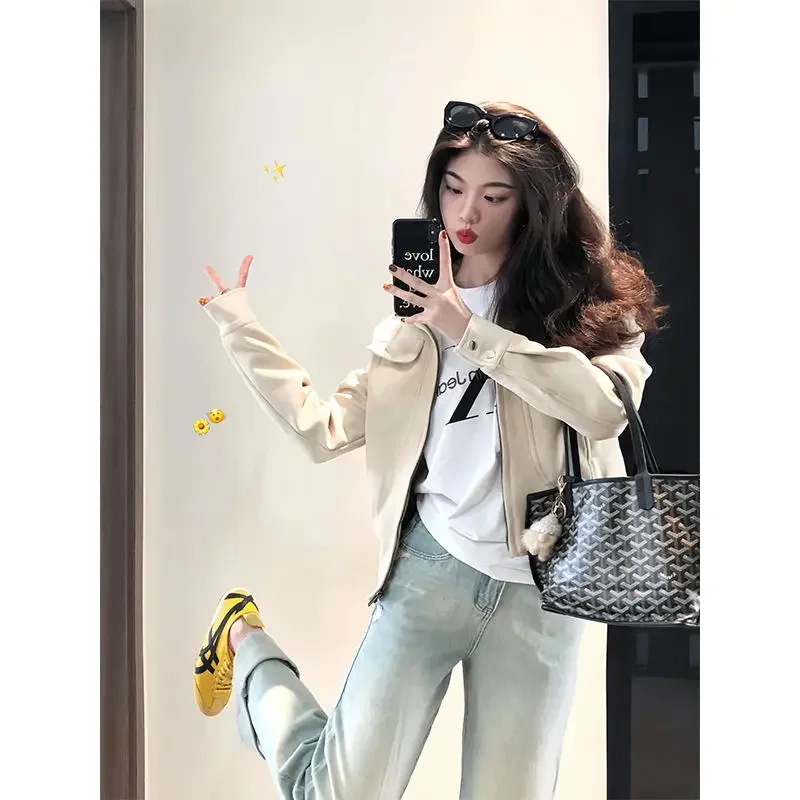 

American retro collar suede short jacket women models spring and autumn models small short zip biker jacket tops womens clothing
