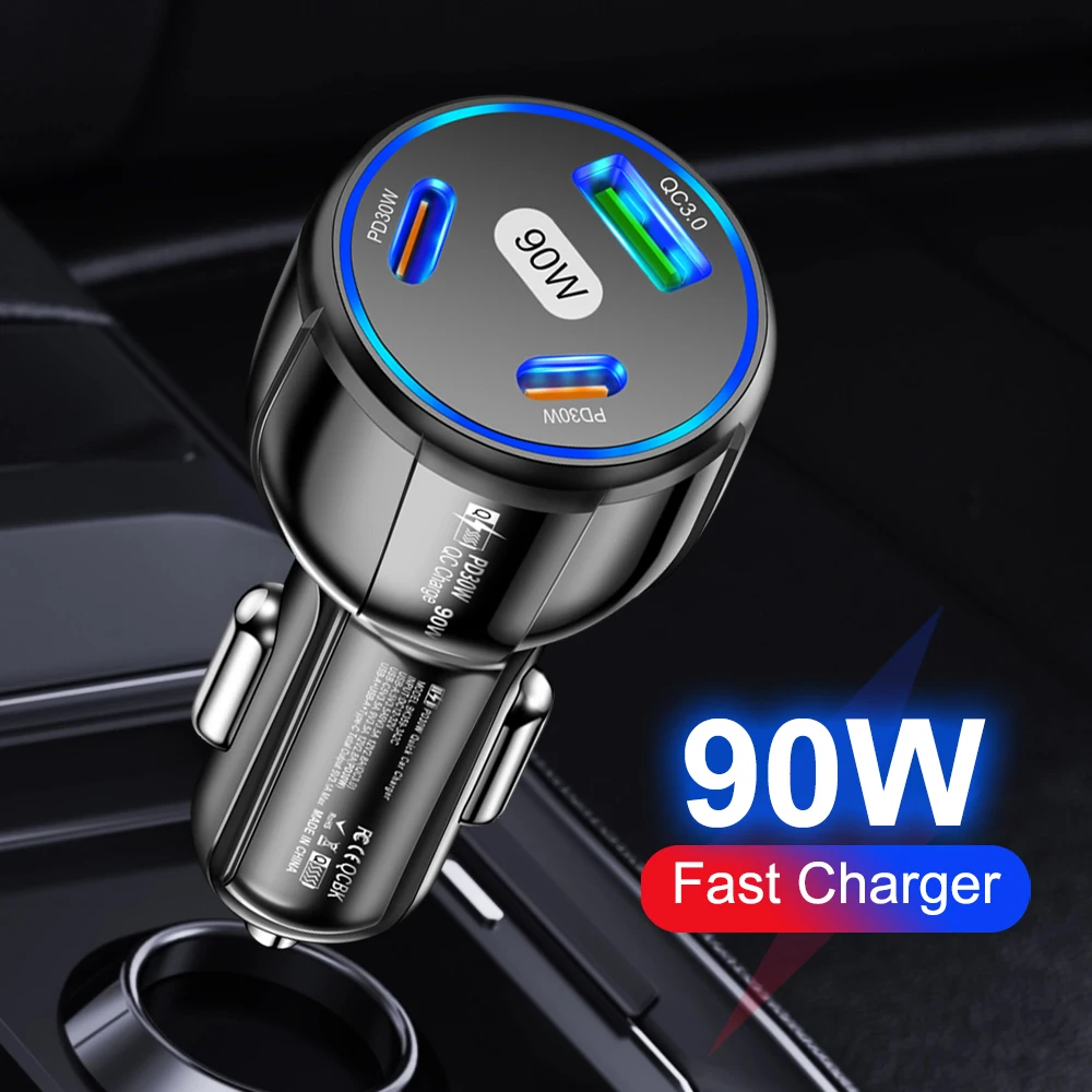Caricabatterie per Auto USB 3-in-1 90W con PD Type C e QC3.0, Ricarica Rapida per iPhone, Xiaomi, Samsung, Adattatore per Auto