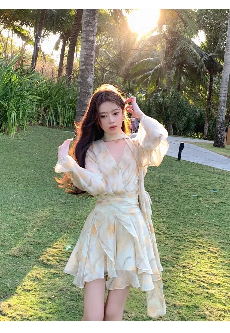 Elegant Chiffon Short Dresses for Women V-neck Lantern Sleeves Ruffles A-line Summer New Holiday Style Printed Vestidos Mujer