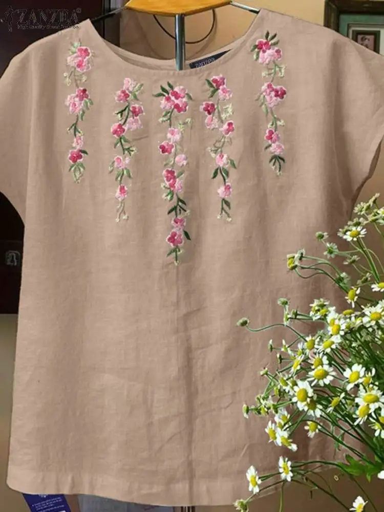 

Рубашка ZANZEA женская с круглым вырезом, винтажная блузка с цветочной вышивкой, топ с коротким рукавом для работы, Повседневная Свободная сорочка оверсайз, на лето