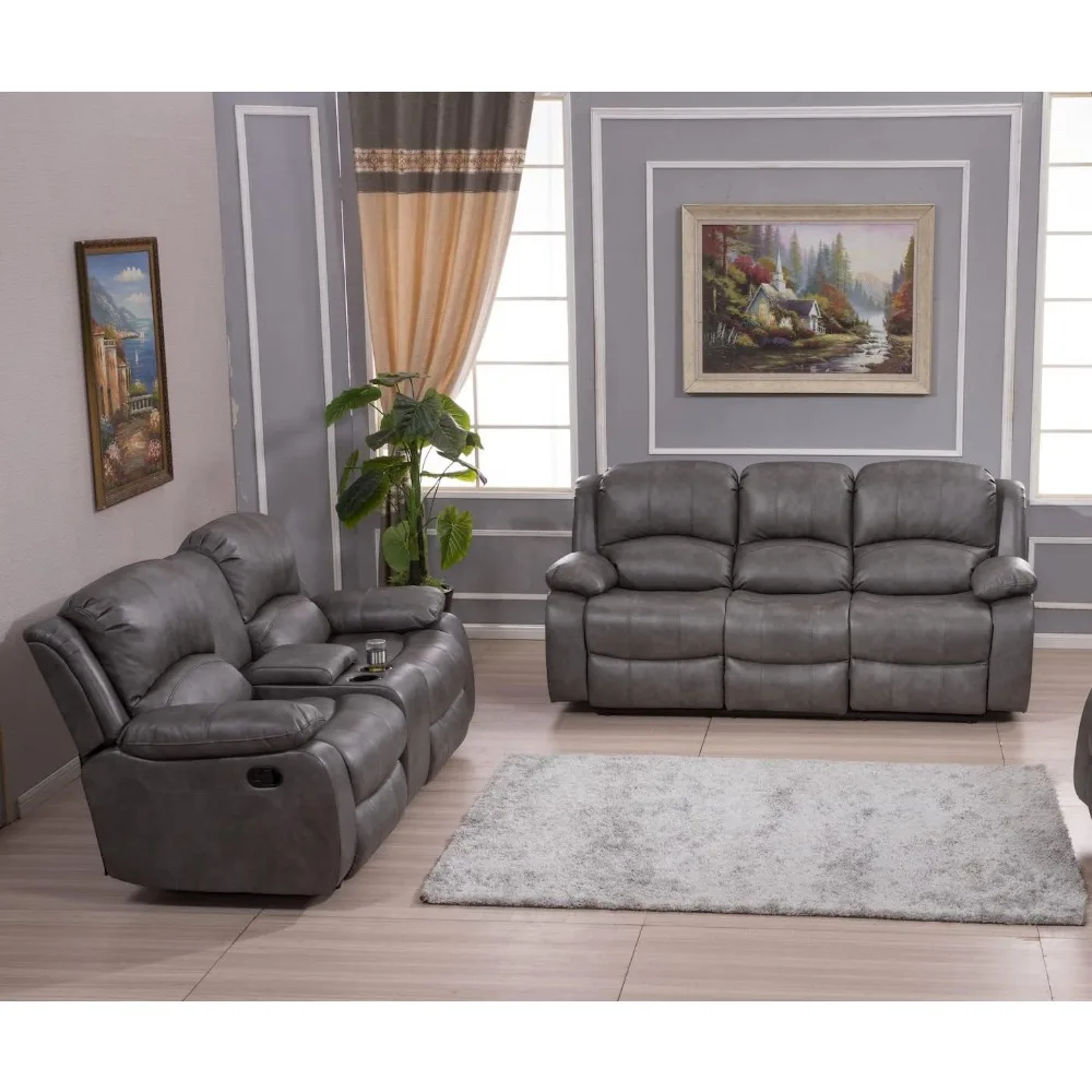 Betsy Furniture 2-Piece Faux Leather Reclining Sofa and Loveseat Set for Living Room in Gray