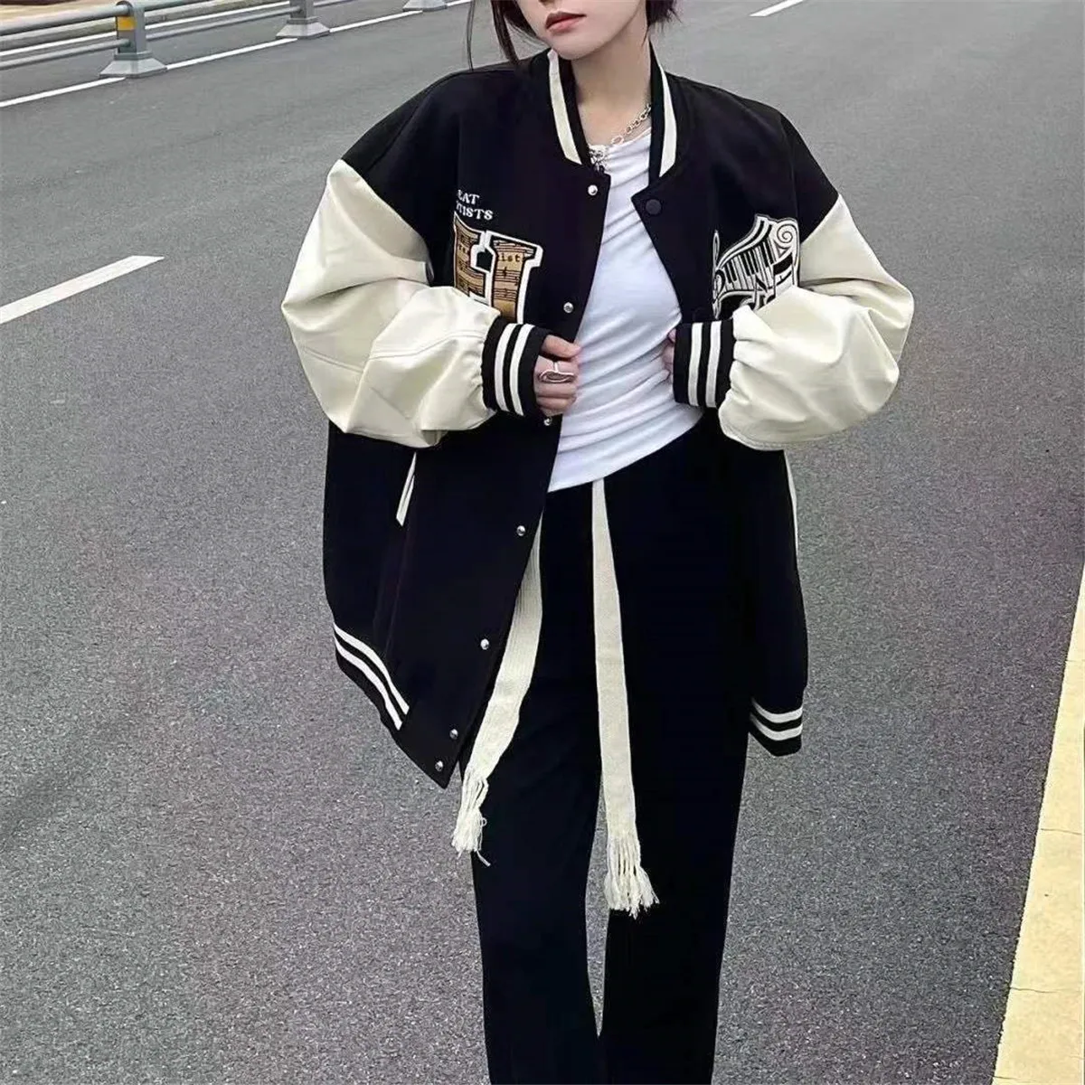 

Black Hip Hop Patchwork Bomber Jacket Coat Women Summer Oversize Ins Tracksuit Funny Gothic Ulzzang Cool Print Hoodie Streetwear