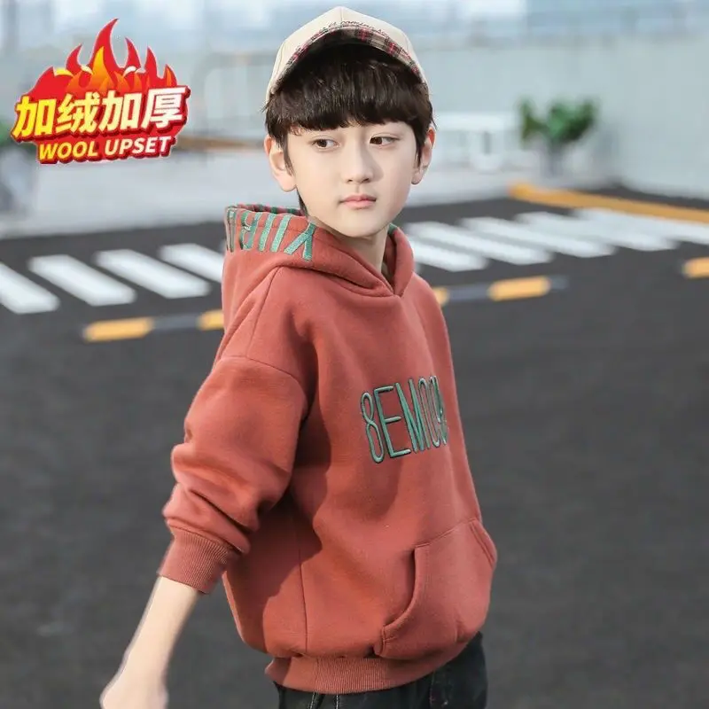 Children's Letters Autumn and Winter Fleece-Lined Thickened New Hooded Children's Western Style Top Sweater Clothing