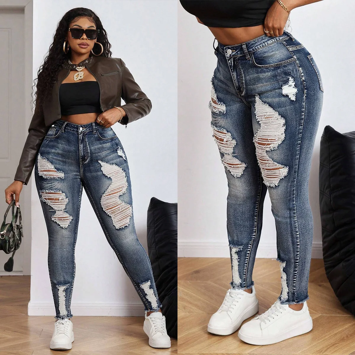 High-Waisted Button-Embellished Skinny Stretch Distressed Y2K Jeans