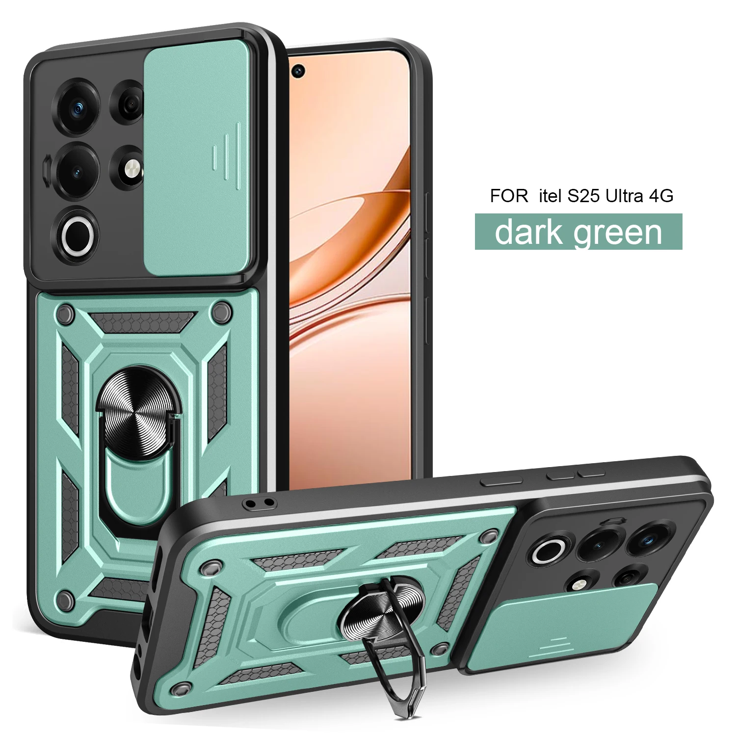 Itel Super 26 Ultra Magnetic Ring Holder Armor Phone Case with Slide Camera Protection
