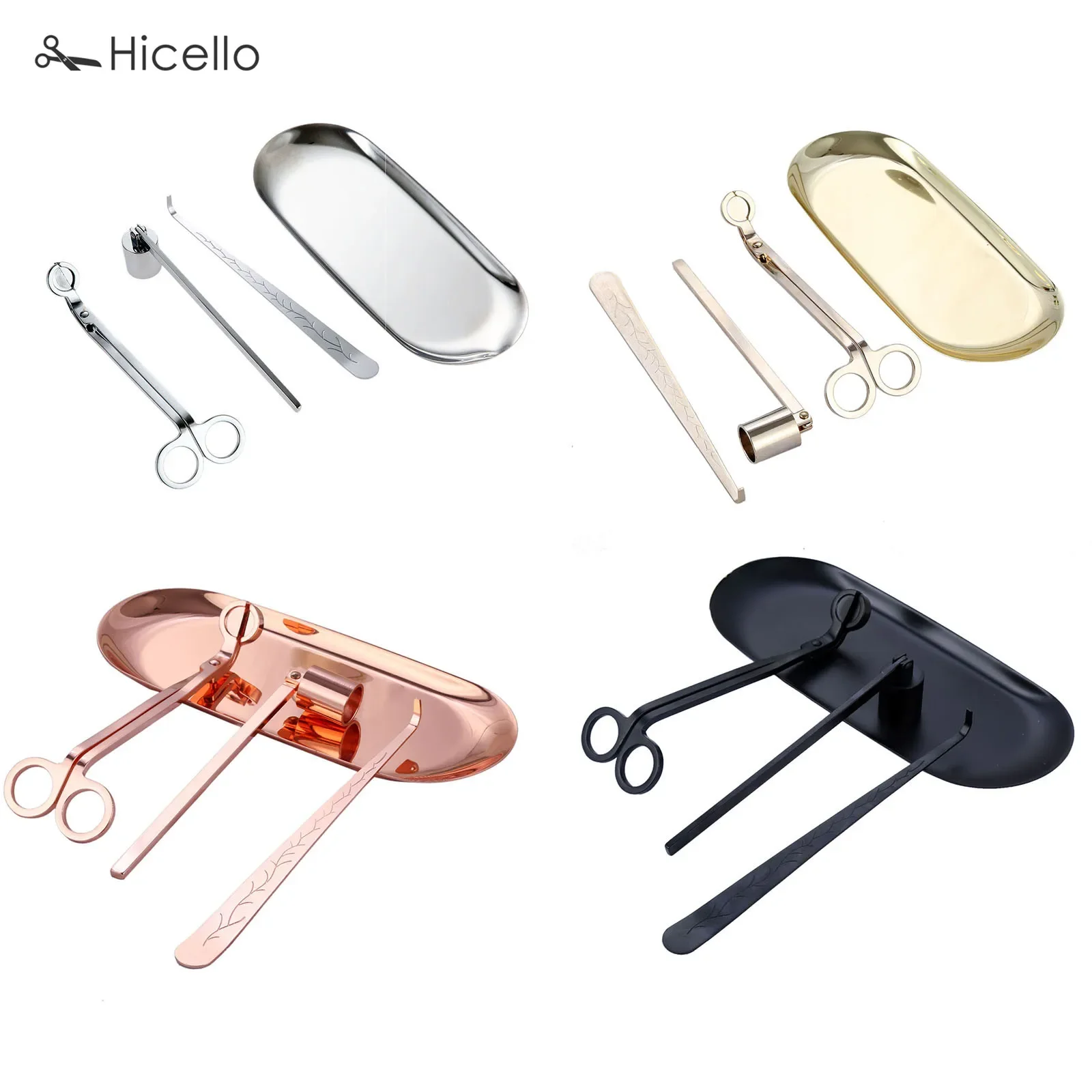 4pcs/kit Candle Snuffer Trimmer Hook Tray Luxury Stainless Steel accessory Wick Holder Scissors Home Decoration Rose Gold Silver