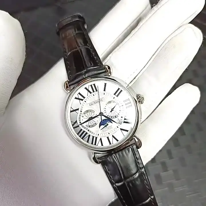 Fashionable Multi-functional Automatic Mechanical Watch Sunday Calendar Month Display Sun Moon And Stars Hollow Bottom