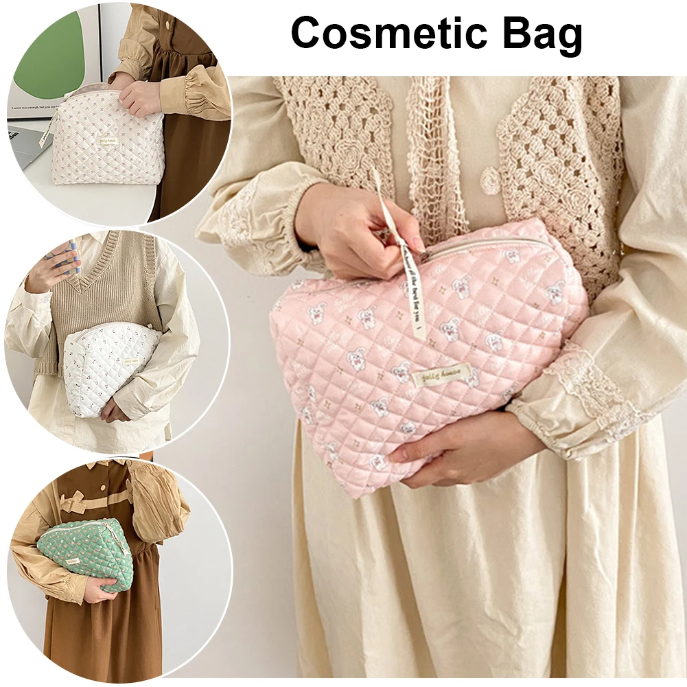 Women Makeup Handbags Zipper Korean Quilted Beauty Case Portable Make Up Pouch Floral Print Large Capacity for Ladies Girl
