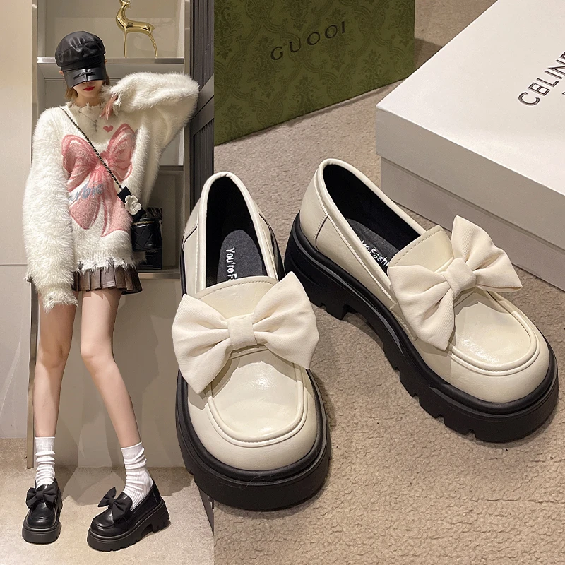 

Ladies Shoes with Bow Leather Cute Kawaii Women Footwear Loafers 2024 New Designer Offers Fashion Trends Shoe Mary Jane Shoes