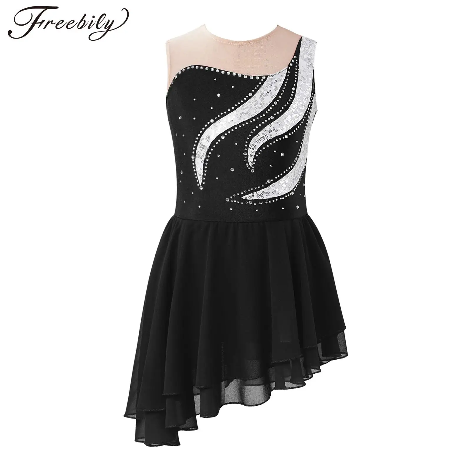 

kids Girls Figure Ice Skating Dress Sequin Rhinestone Sleeveless Hollow Back Ballet Dance Gymnastics Leotard Dress Dancewear