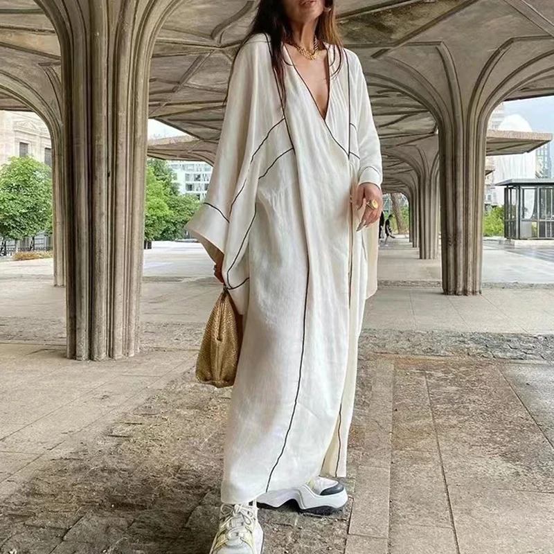 

Spring French Fashion Maxi Lady White Frenulum Robe Simple Linen Casual Loose Fitting Long Sleeved Dress Covered Cedar Women
