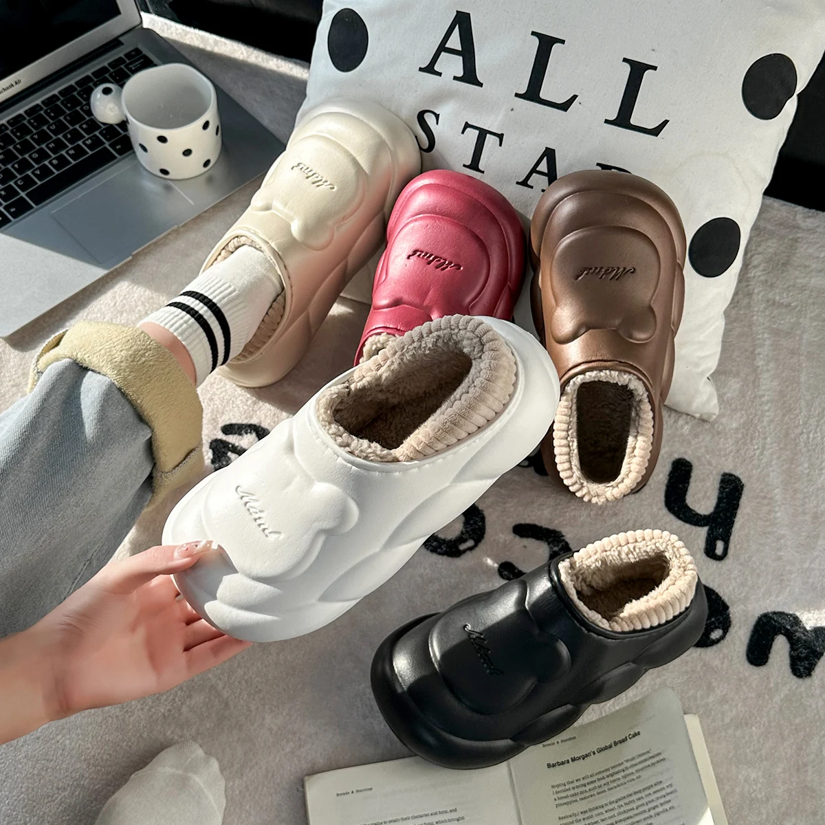 Winter Warm Thick Furry Cartoon Bear Women Plush Slippers Lady Men Waterproof Outside Home Cotton Shoes 6