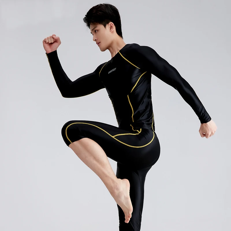 sexy satin glossy men top round neck tight fitting long sleeved T-shirt for men's Sports Fitness Running Spandex Shirts Tops