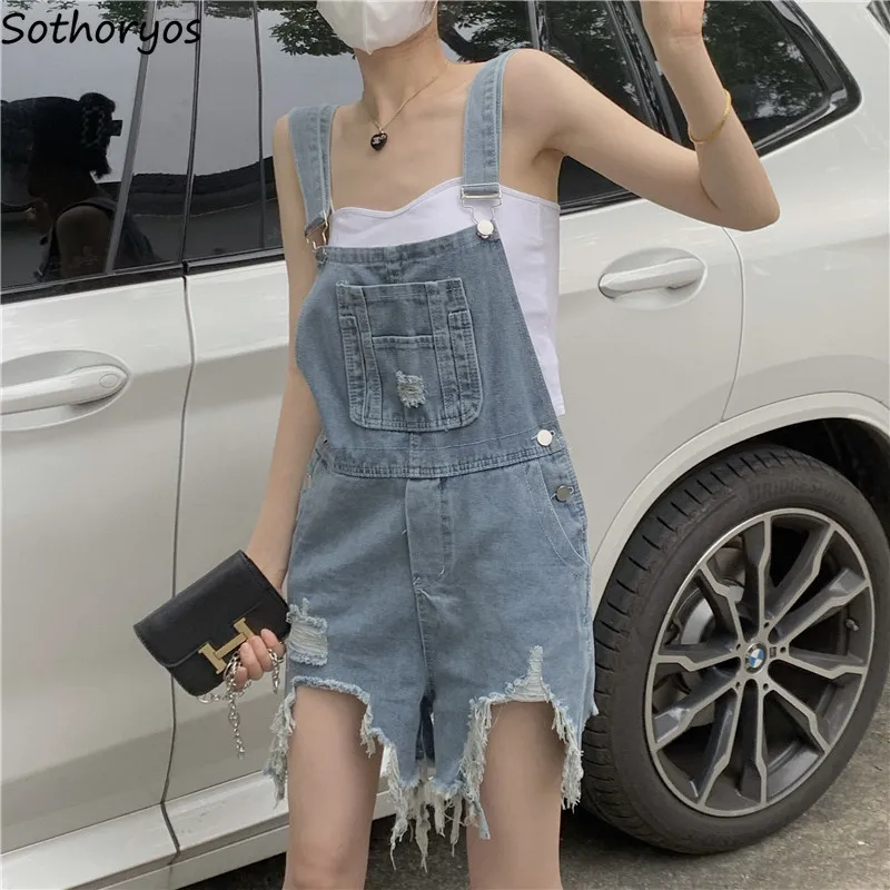 

Rompers Women Denim Retro Hole Summer Vintage High Waist All-match Preppy Style Lovely Stylish Baggy Mujer Popular Simple Cozy