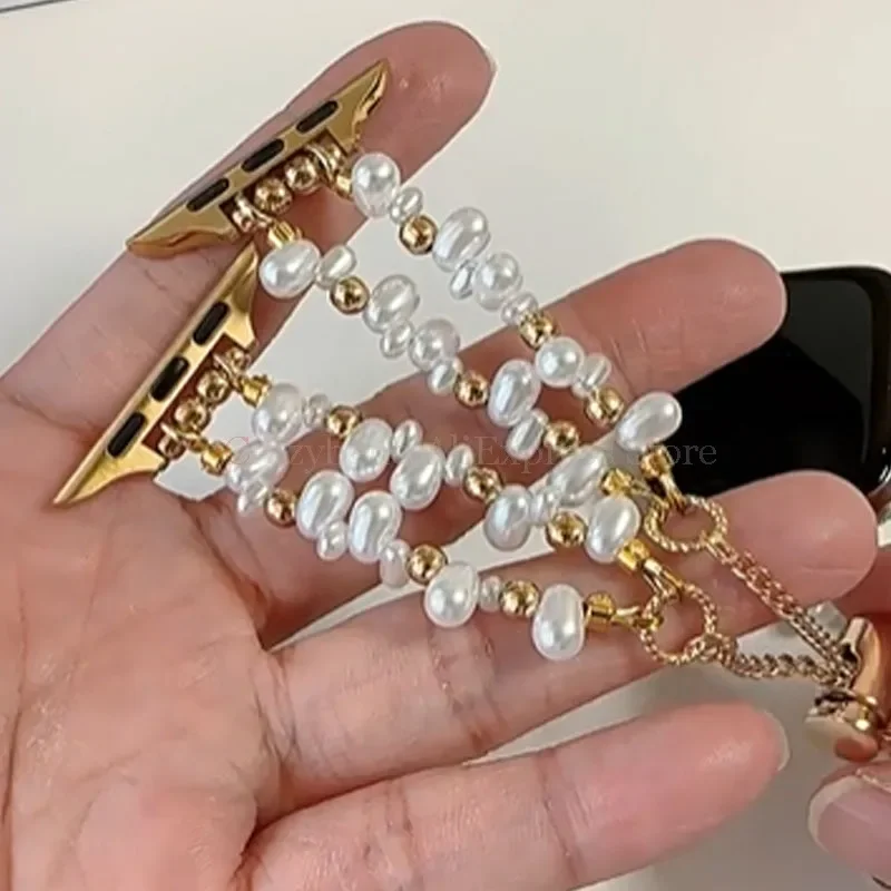 Elegant Irregular Pearl Gold Metal Watch Bracelet