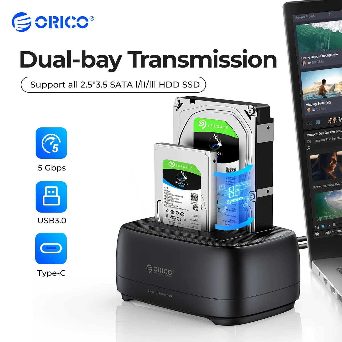 

ORICO Dual-bay Hard Drive Station USB3.0 5Gbps Type-C HDD Docking Station with 12V 3A Power Adapter for 2.5/3.5 Inch HDD/SSD