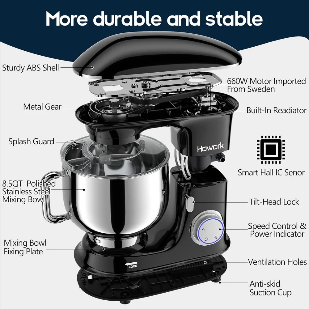 8.5QT Stand Mixer, 660W 6+P Speed Tilt-Head, Electric Kitchen Mixer With Dishwasher-Safe Dough Hook, Beater 4