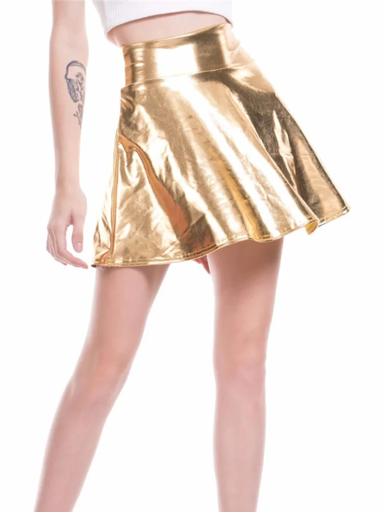 CUHAKCI Summer Pleated Skirts Women Short Sexy Elastic High Waist Solid Casual Green Silver Gold Pink Mini Party Clubwear 6