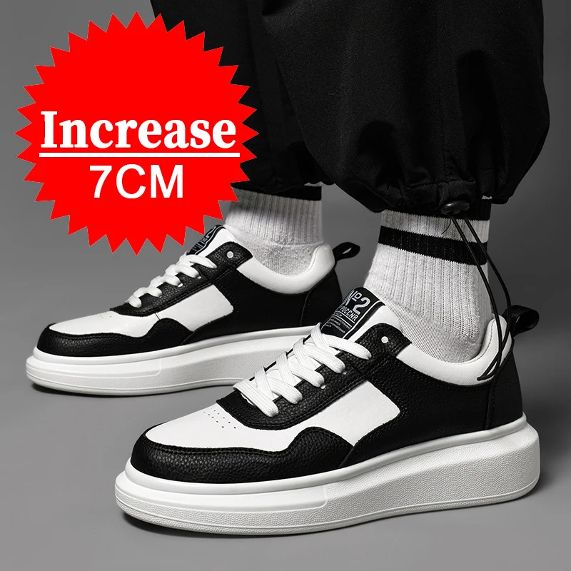 Luxury Leather Elevator Shoes Men's Sneakers Height Increasing Shoes Invisible 7CM Heighten Sports Shoes Taller Lift White Shoes 2