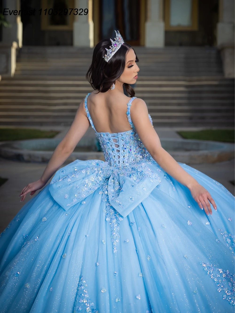 EVLAST Pink Quinceanera Dress Ball Gown Lace Applique Beaded Crystal Bow Sweet 16 Vestido De 15 Anos E1Q04